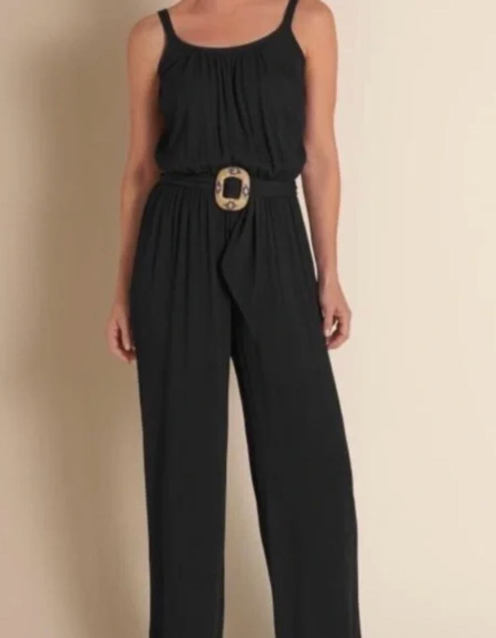 Soft Surroundings St. Lucia Jumpsuit Black Crinkle Gauze Wide Leg Blouson Sz XS